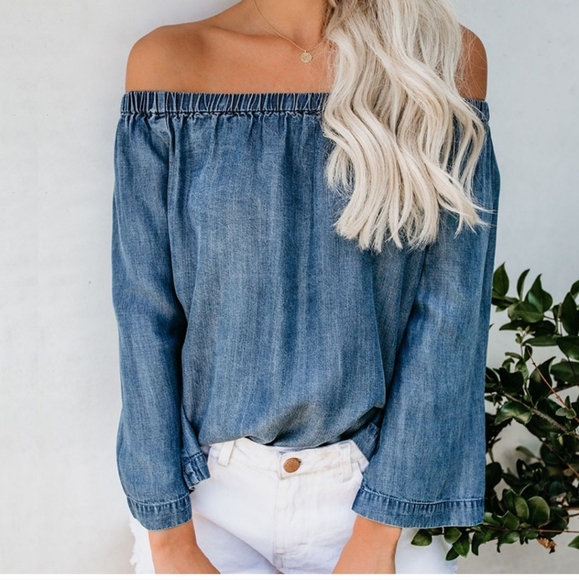 LOFT Blue off shoulder top NWT - Picture 5 of 13